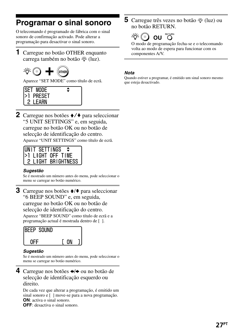 Programar o sinal sonoro | Sony RM-VL1400T User Manual | Page 115 / 180