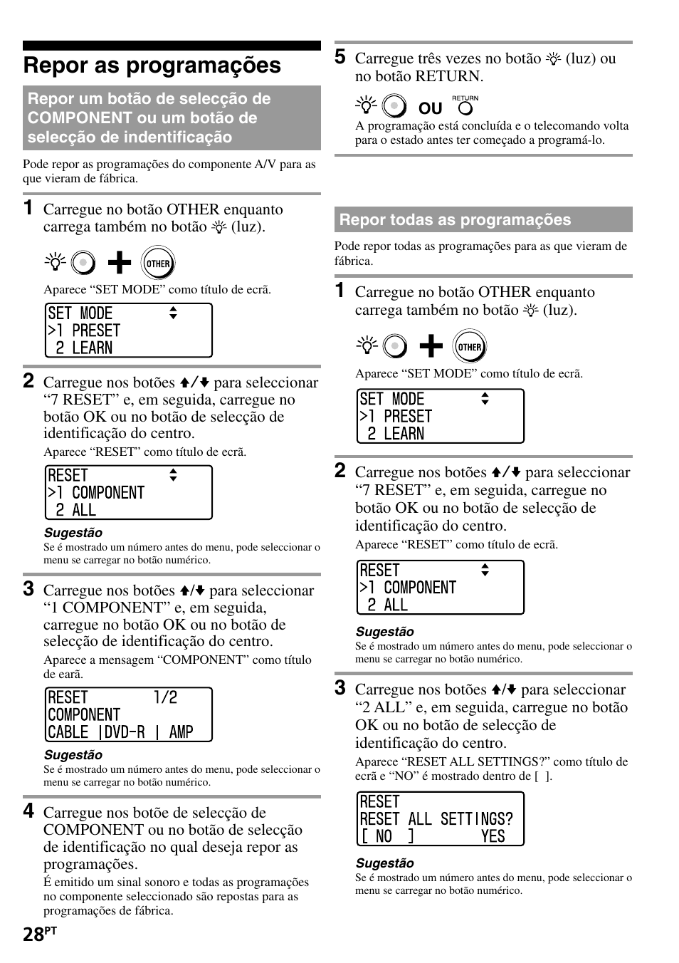 Repor as programações, Repor todas as programações, Repor um botão de selecção de | Sony RM-VL1400T User Manual | Page 116 / 180