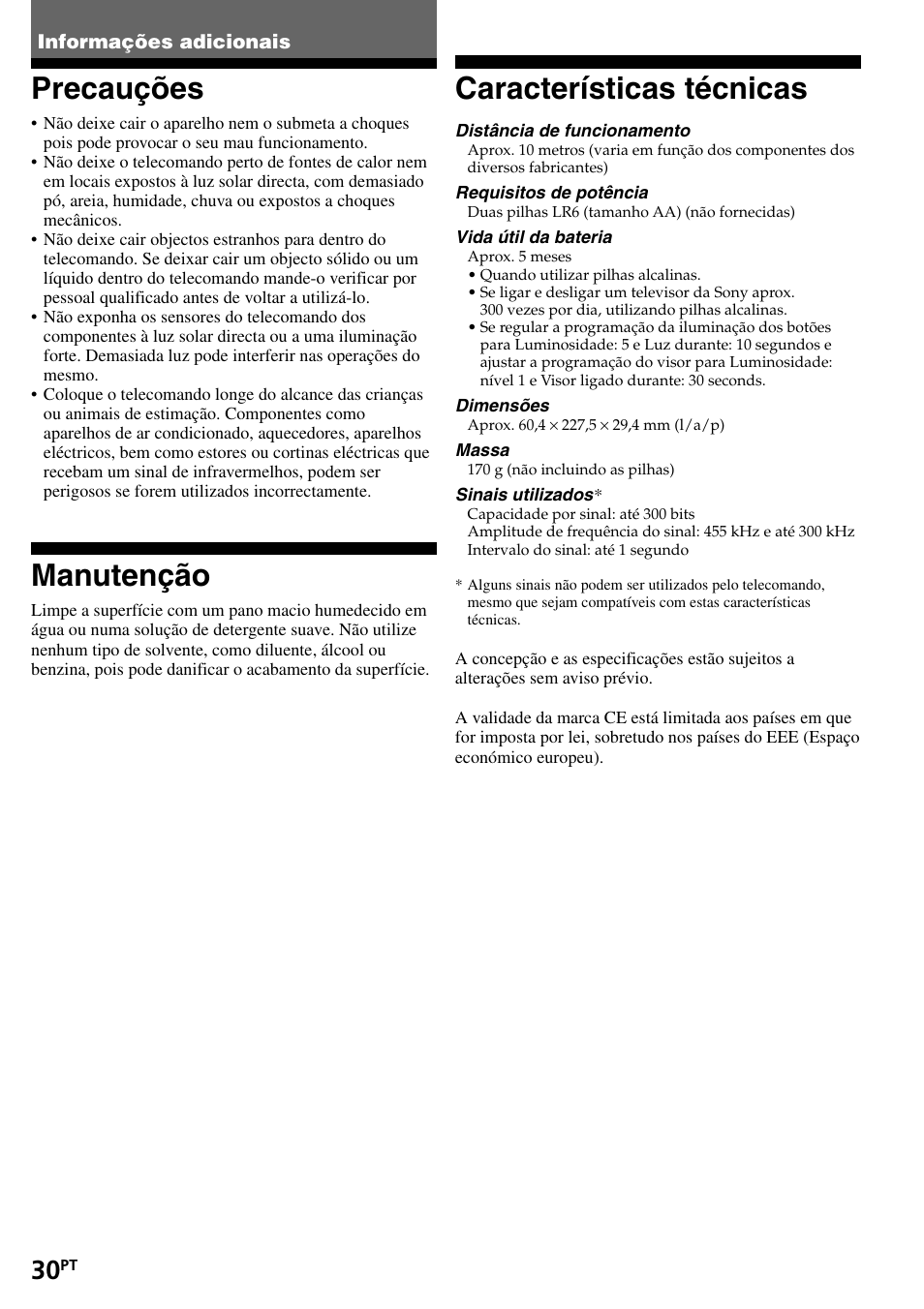 Informações adicionais, Precauções, Manutenção | Características técnicas | Sony RM-VL1400T User Manual | Page 118 / 180