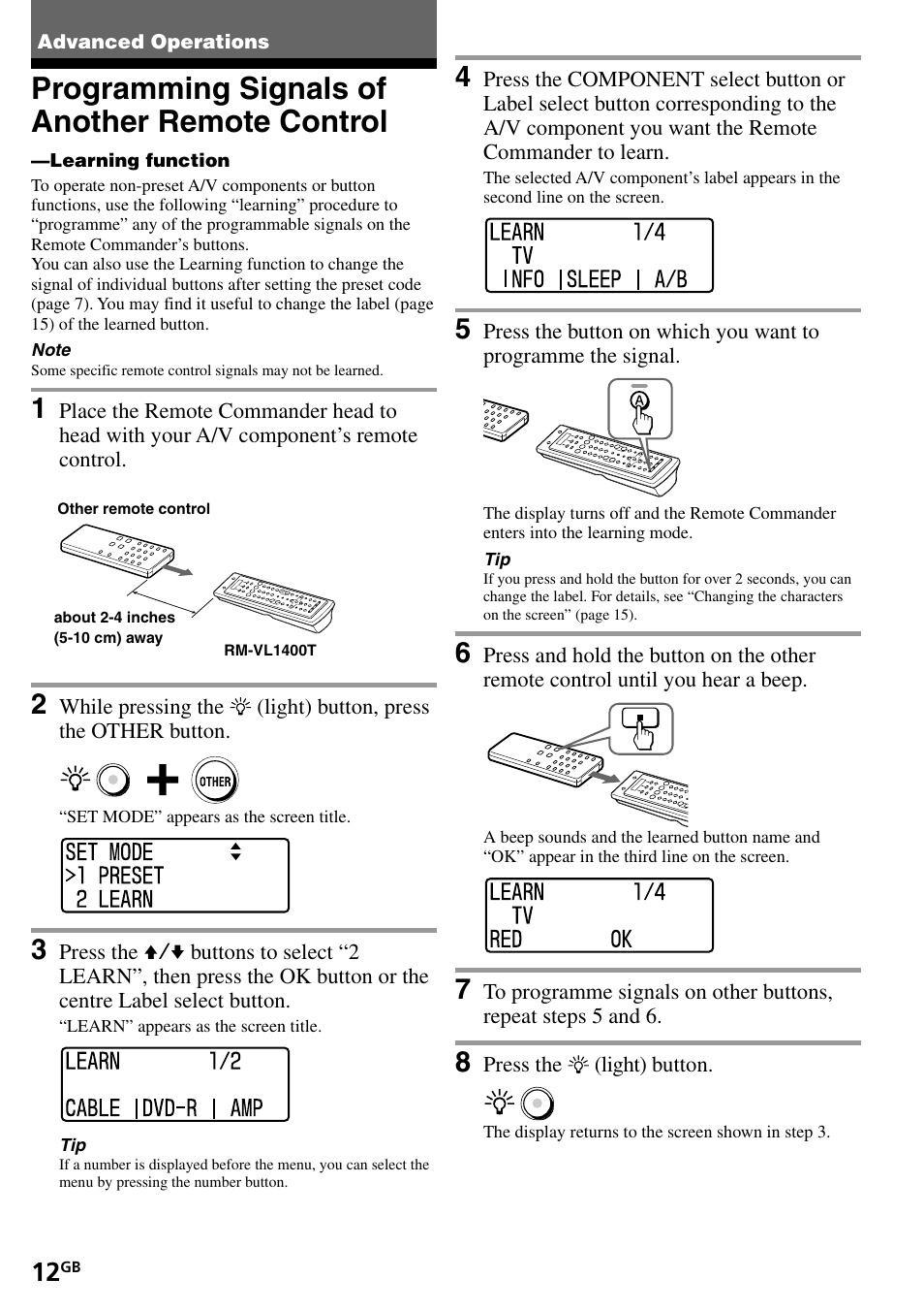 Advanced operations, Programming signals of another remote control, Programming signals of another remote | Control | Sony RM-VL1400T User Manual | Page 12 / 180