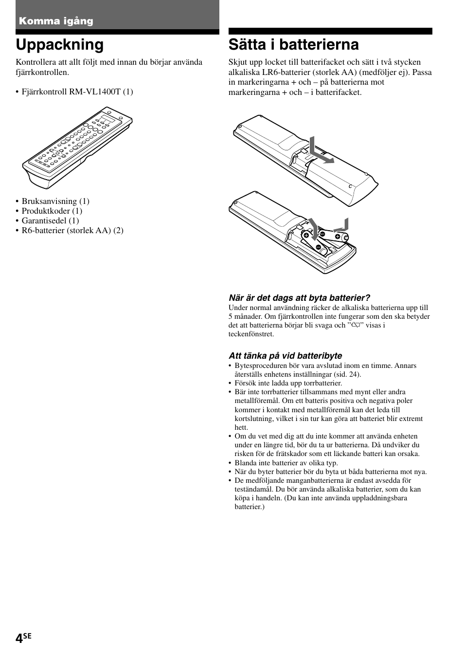 Komma igång, Uppackning, Sätta i batterierna | Sony RM-VL1400T User Manual | Page 136 / 180