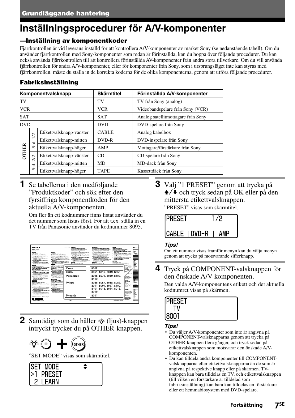 Grundläggande hantering, Inställningsprocedurer för a/v-komponenter | Sony RM-VL1400T User Manual | Page 139 / 180