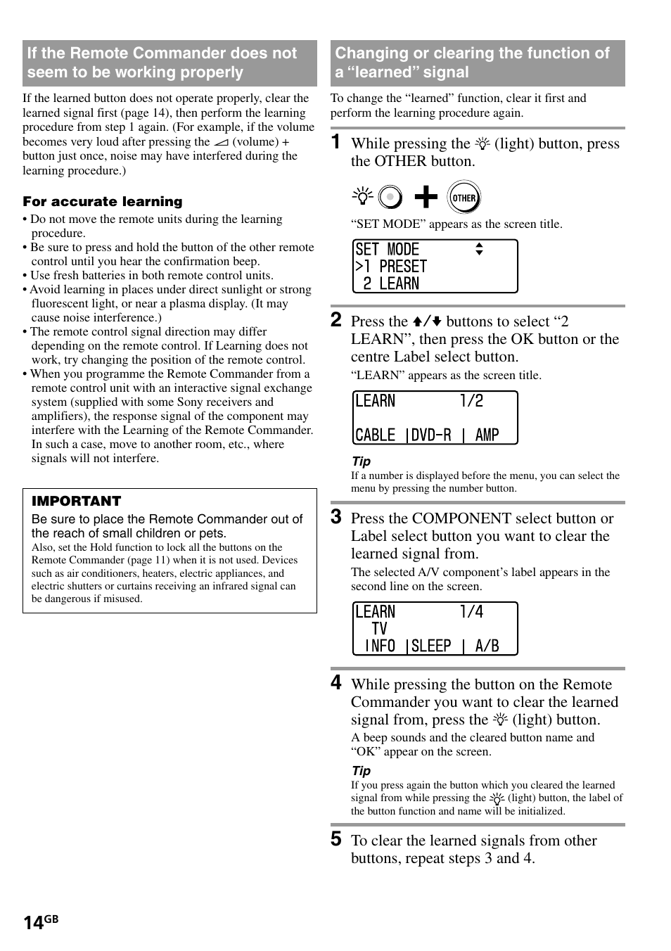 If the remote commander does not seem to, Be working properly, Changing or clearing the function of a | Learned” signal | Sony RM-VL1400T User Manual | Page 14 / 180