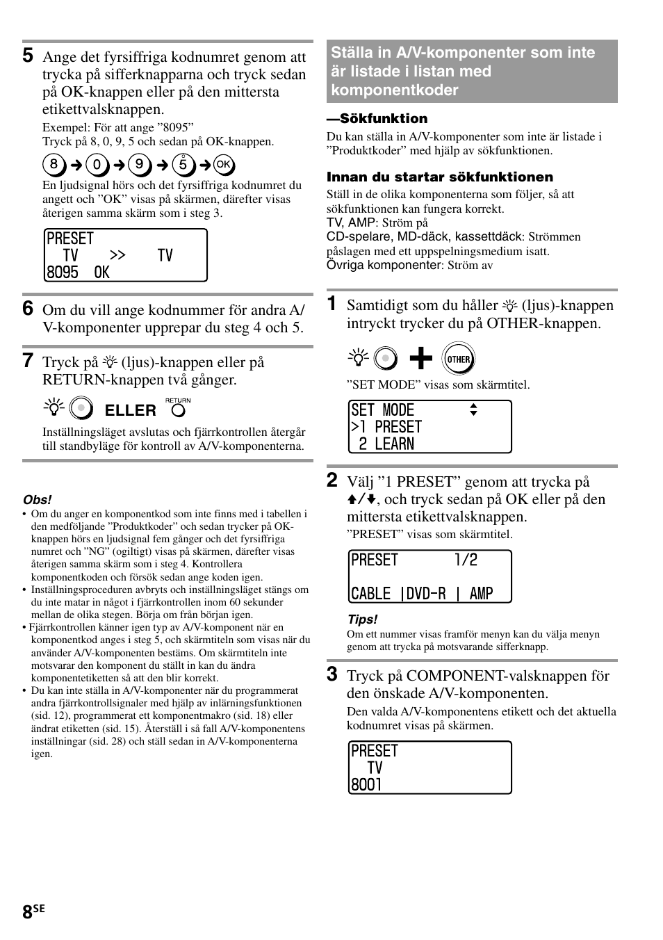 Ställa in a/v-komponenter som inte är listade i, Listan med komponentkoder | Sony RM-VL1400T User Manual | Page 140 / 180