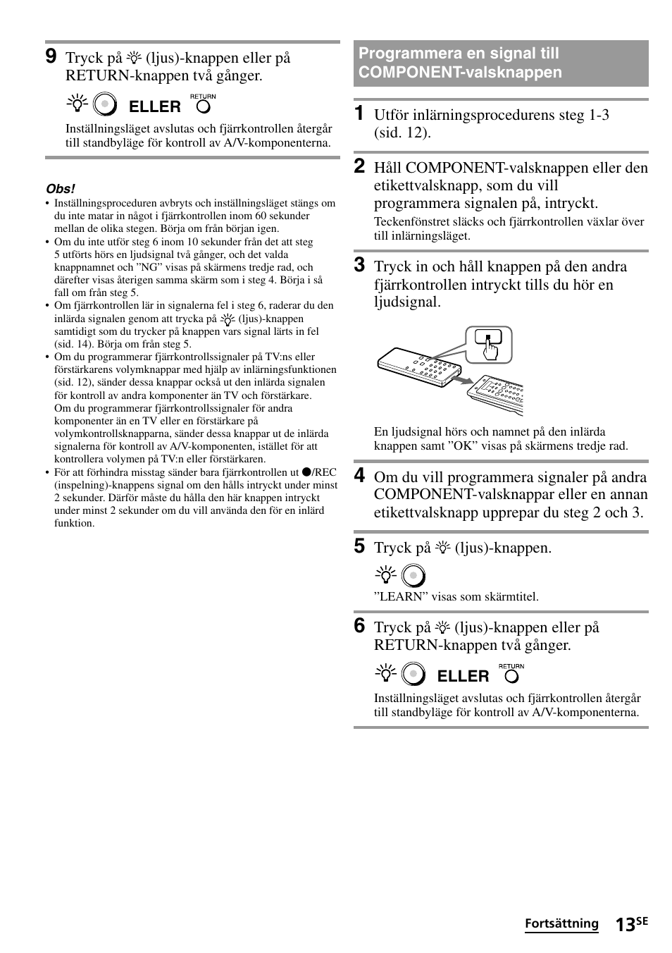 Programmera en signal till component-valsknappen, Programmera en signal till component, Valsknappen | Sony RM-VL1400T User Manual | Page 145 / 180