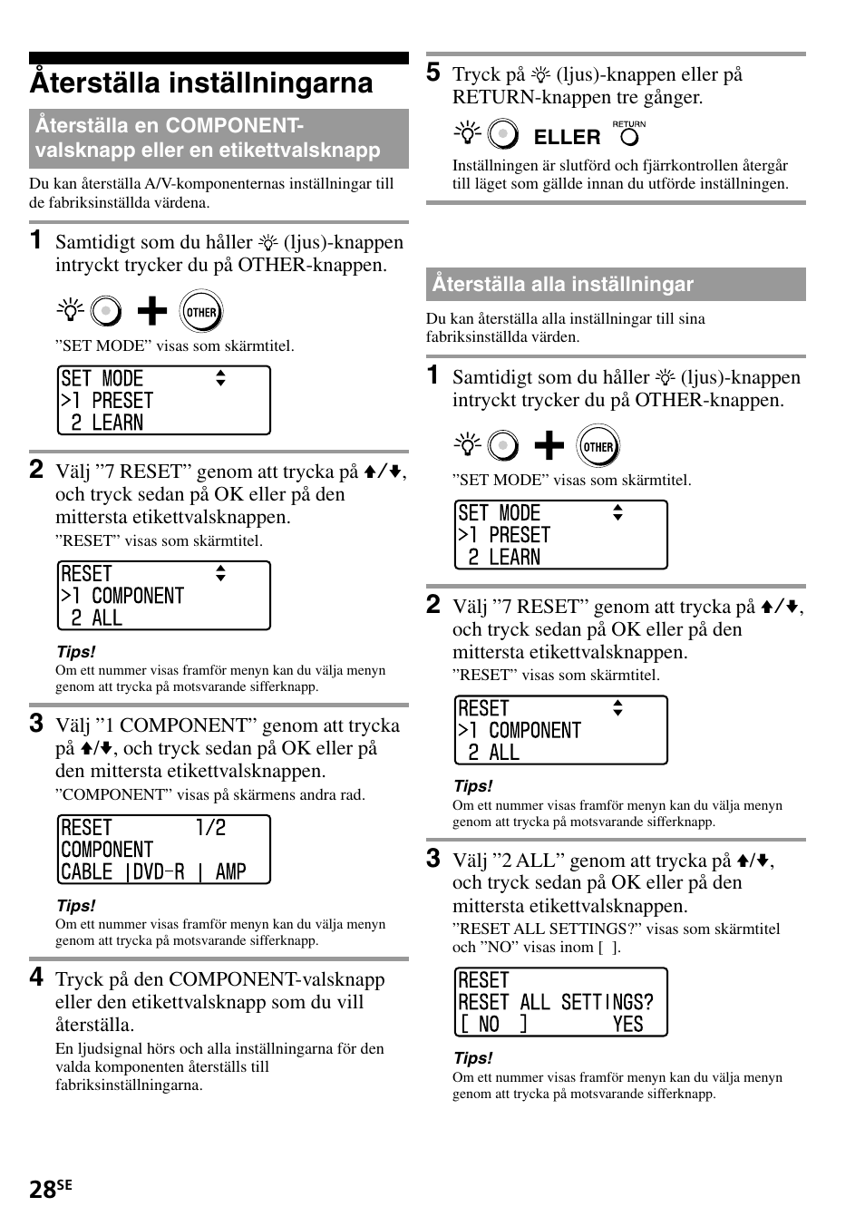 Återställa inställningarna, Återställa alla inställningar, Återställa en component-valsknapp eller en | Etikettvalsknapp | Sony RM-VL1400T User Manual | Page 160 / 180