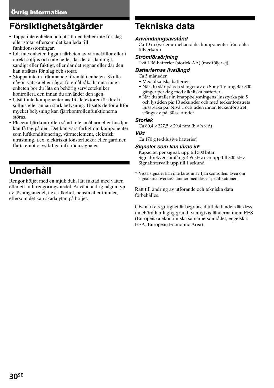 Övrig information, Försiktighetsåtgärder, Underhåll | Tekniska data | Sony RM-VL1400T User Manual | Page 162 / 180