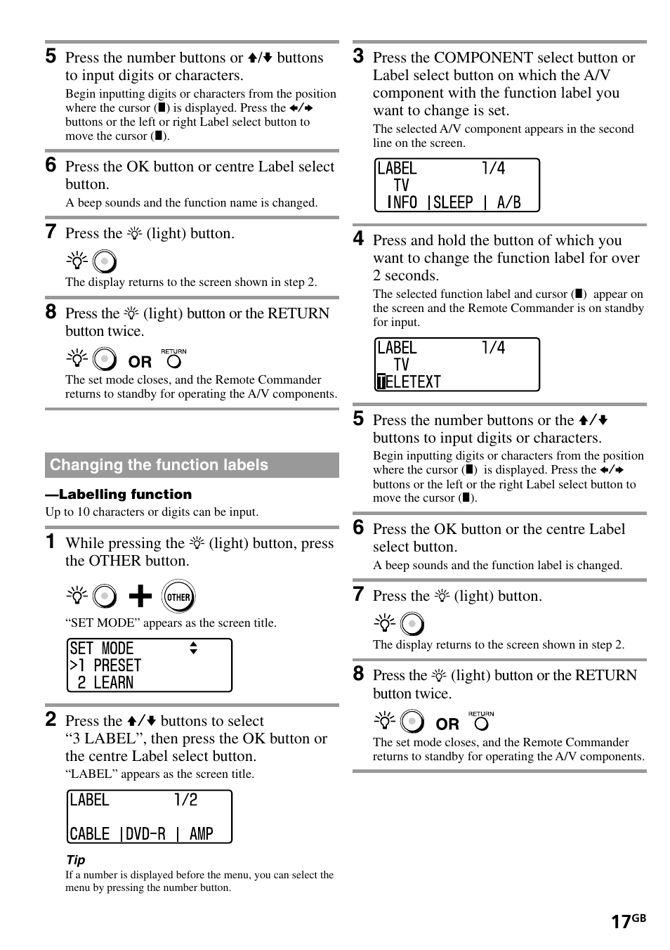 Changing the function labels | Sony RM-VL1400T User Manual | Page 17 / 180