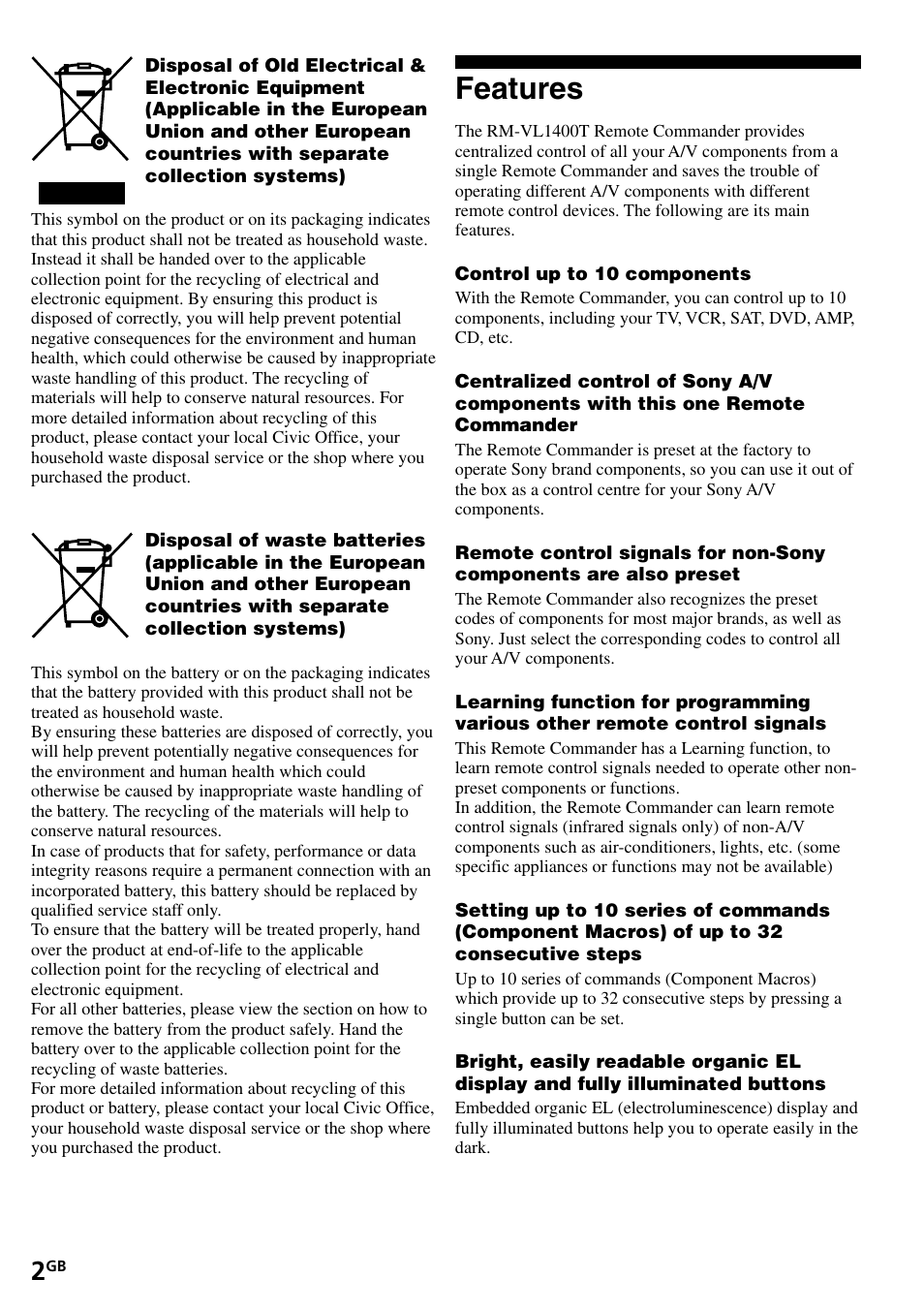 Features | Sony RM-VL1400T User Manual | Page 2 / 180