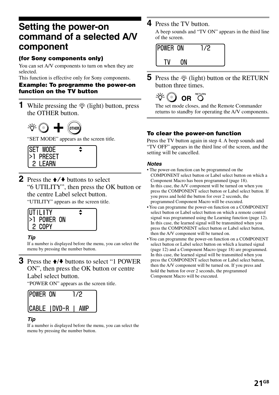 Setting the power-on command of a selected, A/v component | Sony RM-VL1400T User Manual | Page 21 / 180