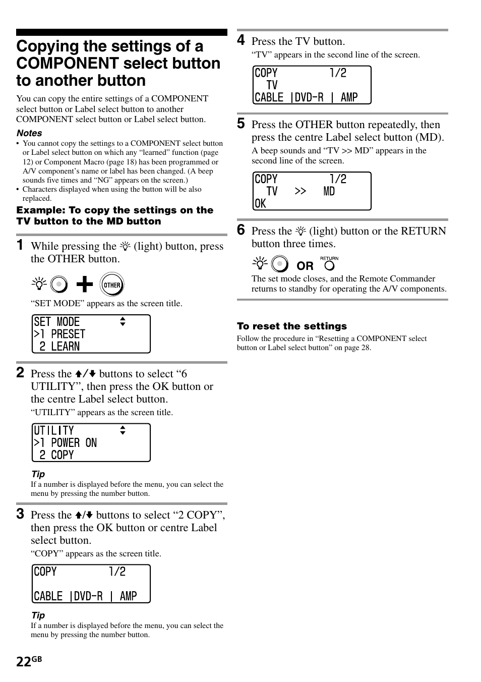Copying the settings of a component, Select button to another button | Sony RM-VL1400T User Manual | Page 22 / 180