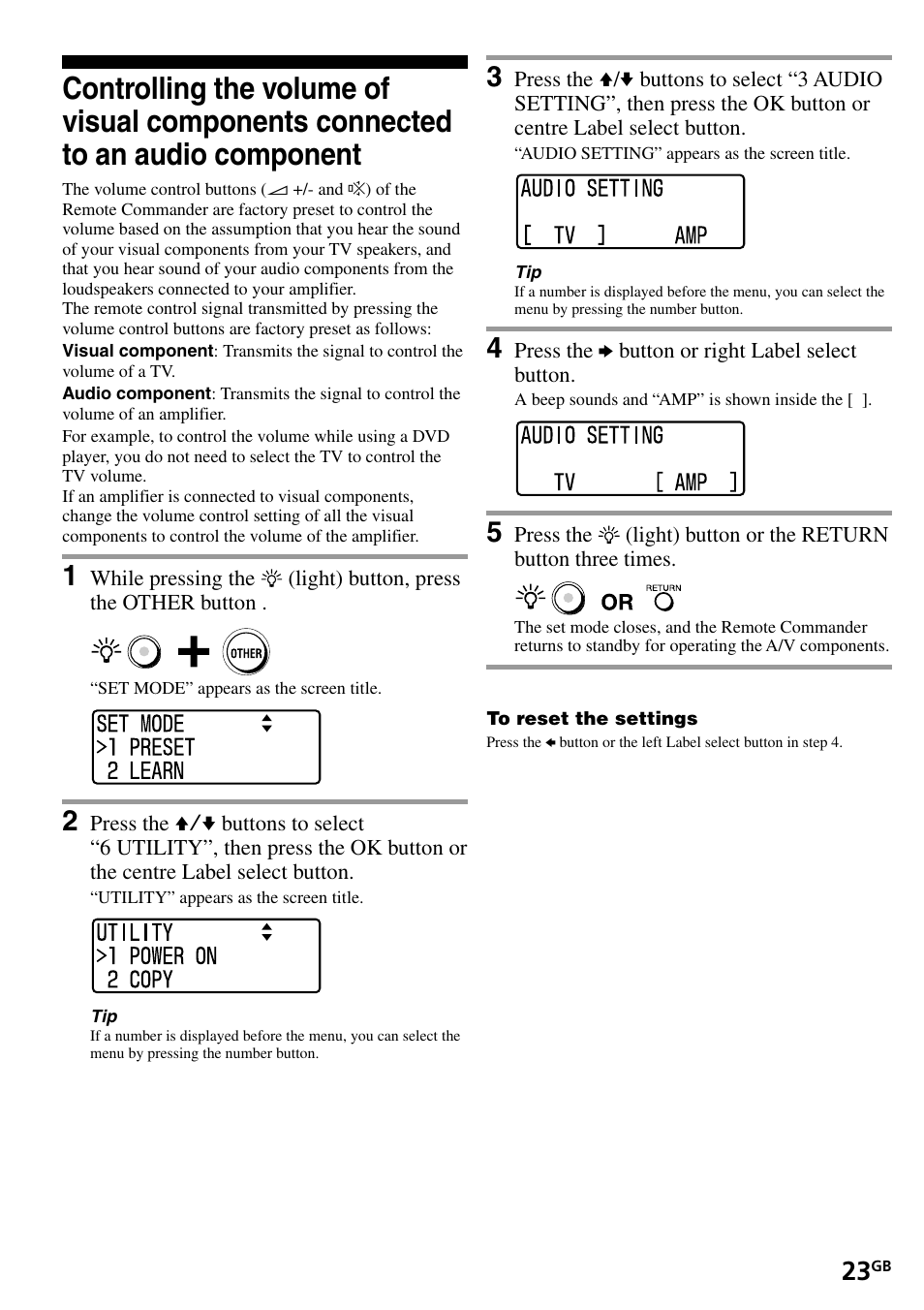 Controlling the volume of visual components, Connected to an audio component | Sony RM-VL1400T User Manual | Page 23 / 180