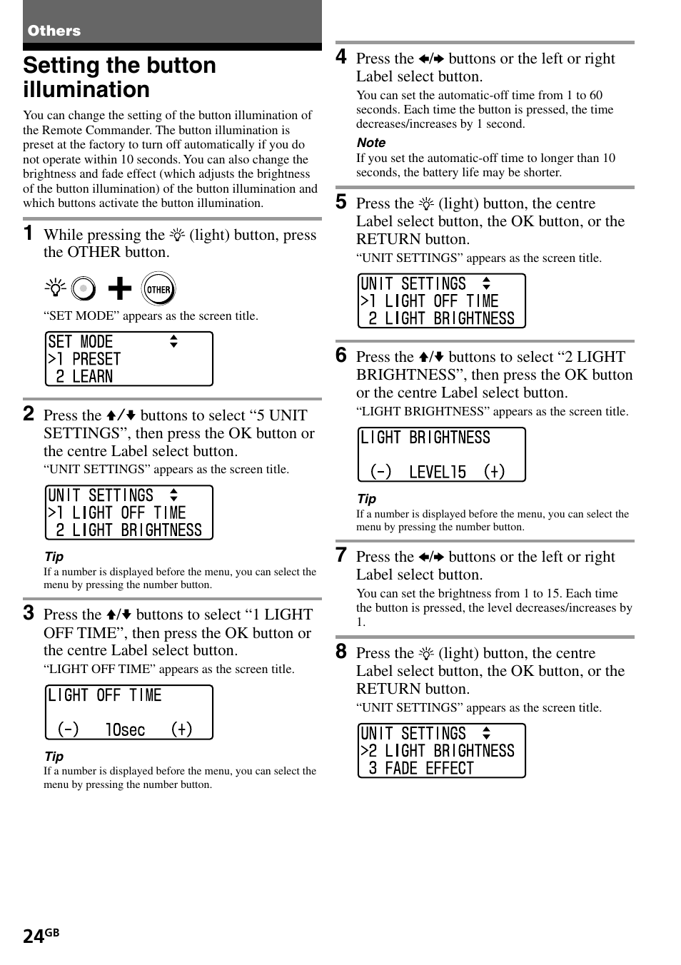 Others, Setting the button illumination | Sony RM-VL1400T User Manual | Page 24 / 180