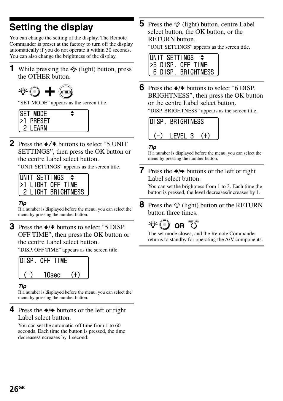 Setting the display | Sony RM-VL1400T User Manual | Page 26 / 180