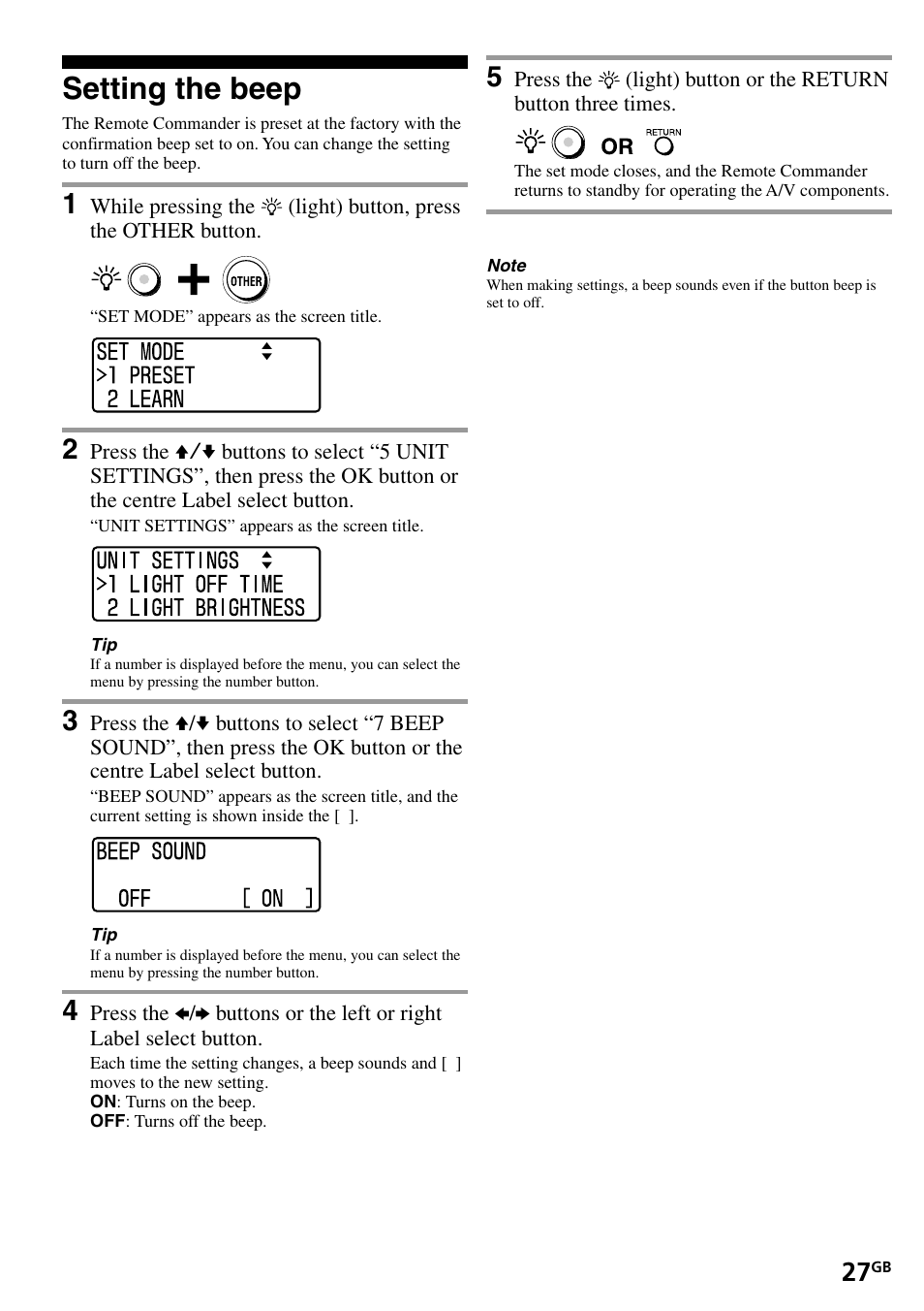 Setting the beep | Sony RM-VL1400T User Manual | Page 27 / 180
