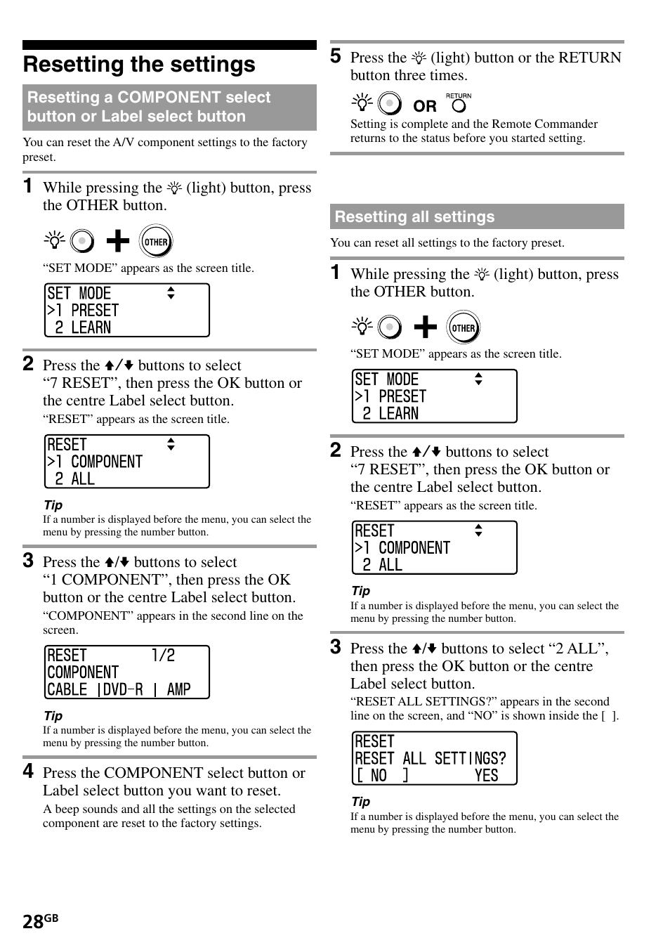 Resetting the settings, Resetting all settings, Resetting a component select button or | Label select button | Sony RM-VL1400T User Manual | Page 28 / 180