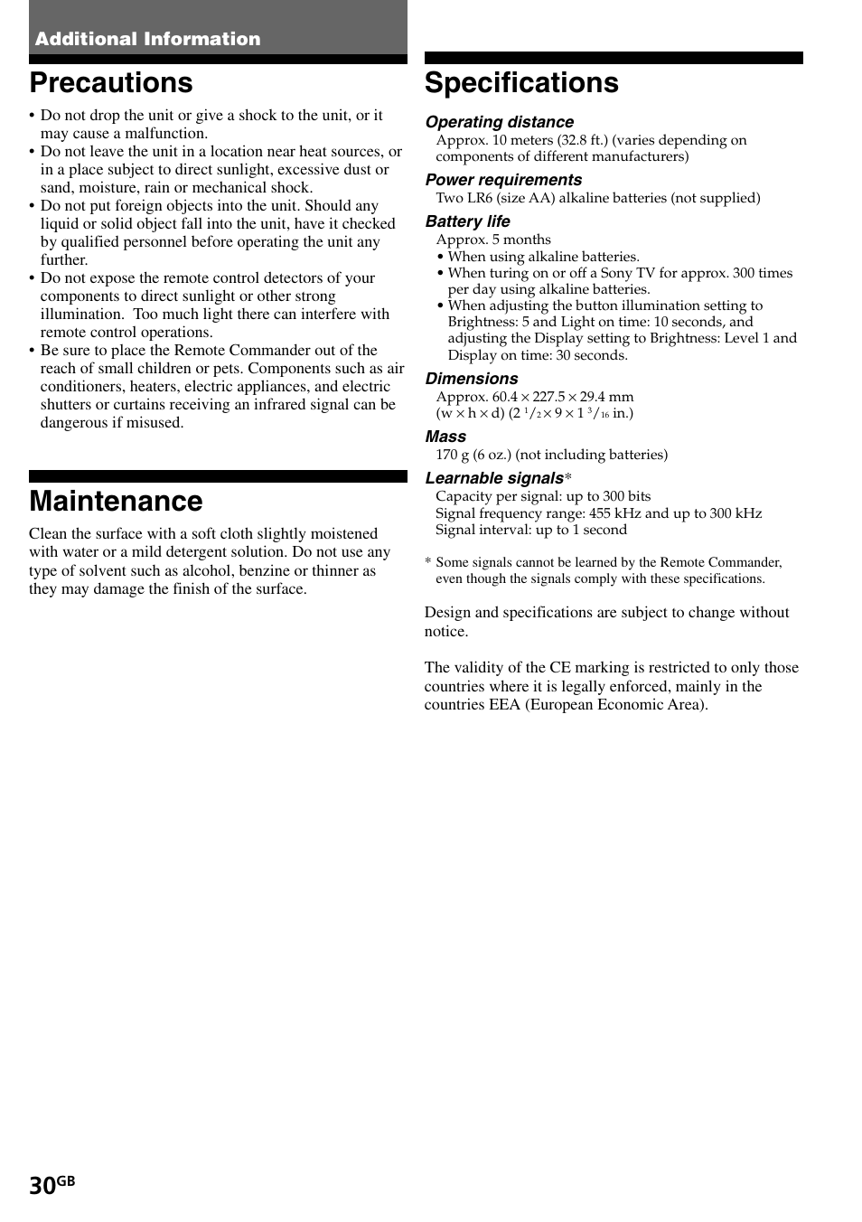Additional information, Precautions, Maintenance | Specifications | Sony RM-VL1400T User Manual | Page 30 / 180