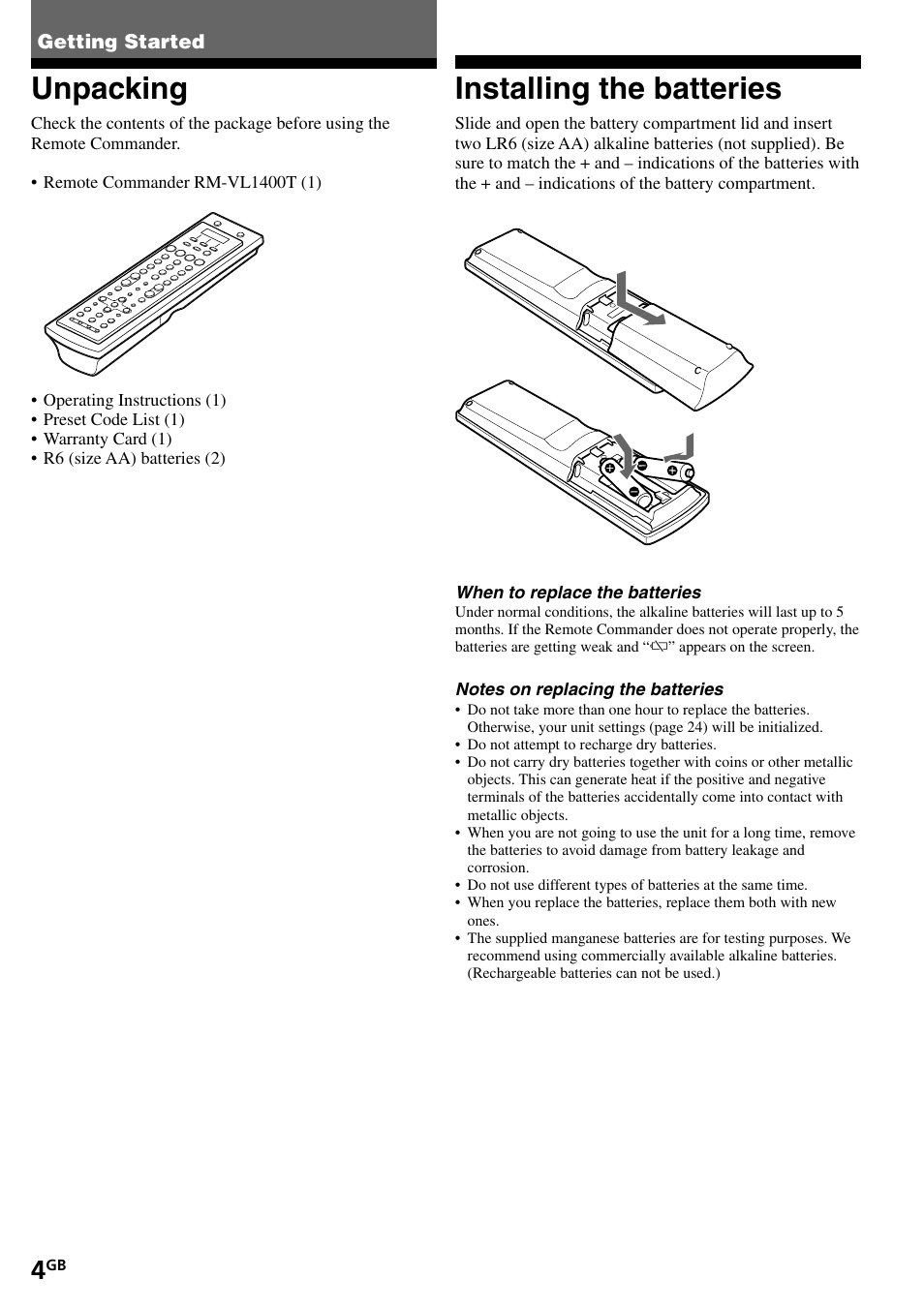 Getting started, Unpacking, Installing the batteries | Sony RM-VL1400T User Manual | Page 4 / 180