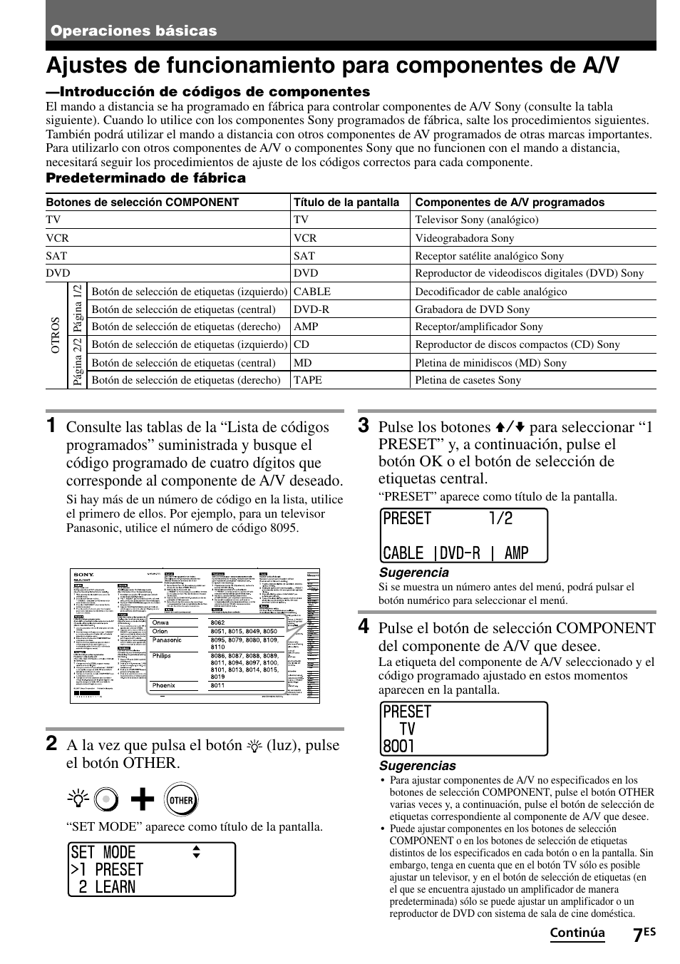 Operaciones básicas, Ajustes de funcionamiento para componentes de a/v, Introducción de códigos para componentes de | Audio y vídeo programados de otros fabricantes | Sony RM-VL1400T User Manual | Page 51 / 180