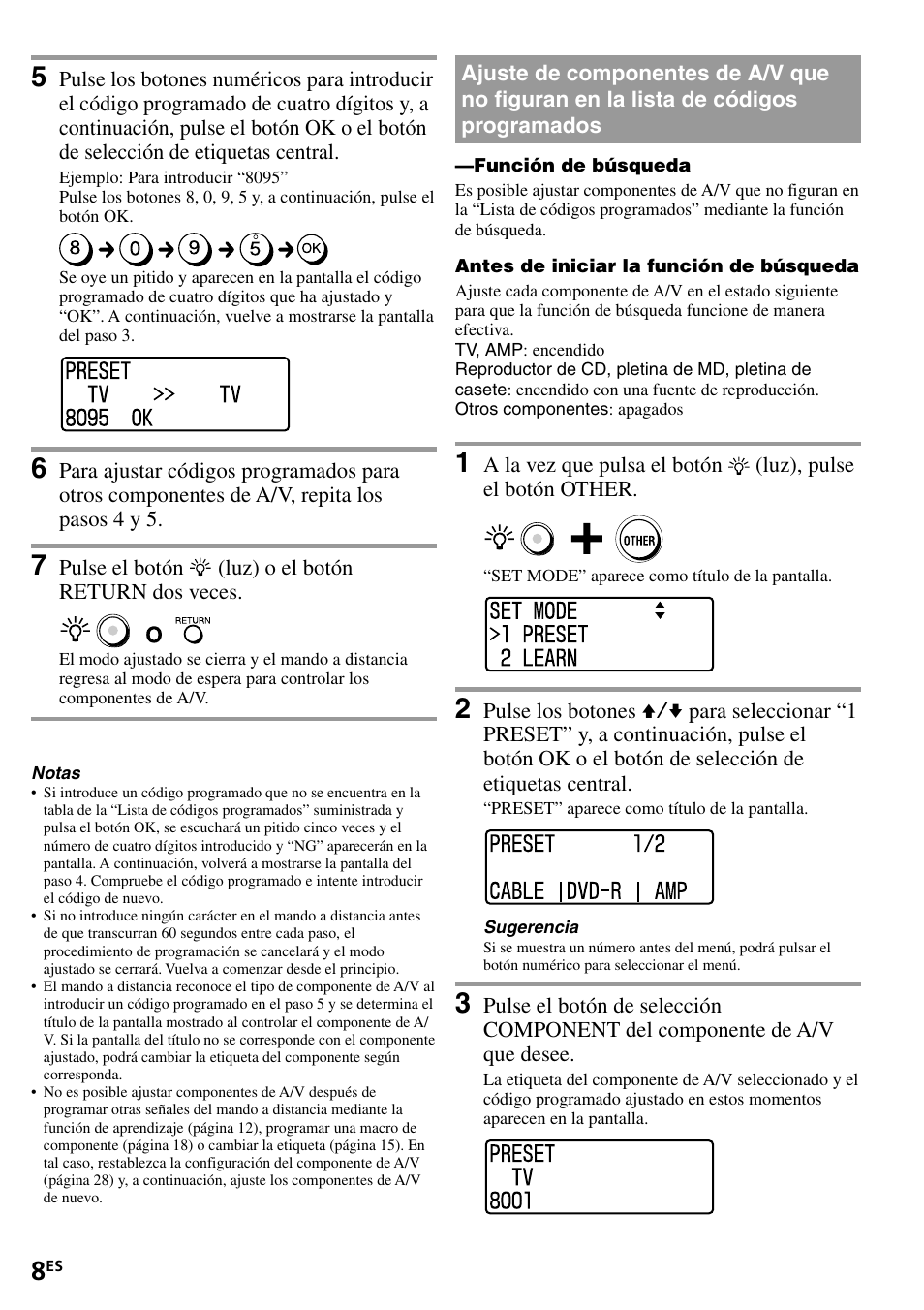 Ajuste de componentes de a/v que no figuran en, La lista de códigos programados | Sony RM-VL1400T User Manual | Page 52 / 180