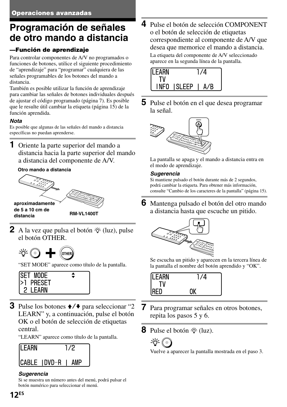 Operaciones avanzadas, Programación de señales de otro mando a distancia, Programación de señales de otro mando a | Distancia | Sony RM-VL1400T User Manual | Page 56 / 180
