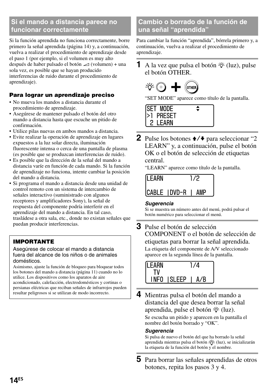 Si el mando a distancia parece no funcionar, Correctamente, Cambio o borrado de la función de una señal | Aprendida | Sony RM-VL1400T User Manual | Page 58 / 180