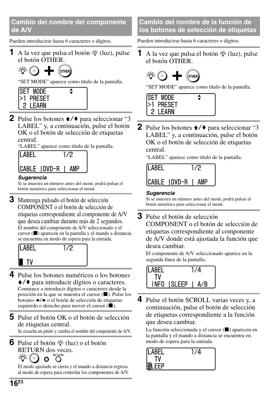 Cambio del nombre del componente de a/v, Cambio del nombre de la función de los botones, De selección de etiquetas | Sony RM-VL1400T User Manual | Page 60 / 180