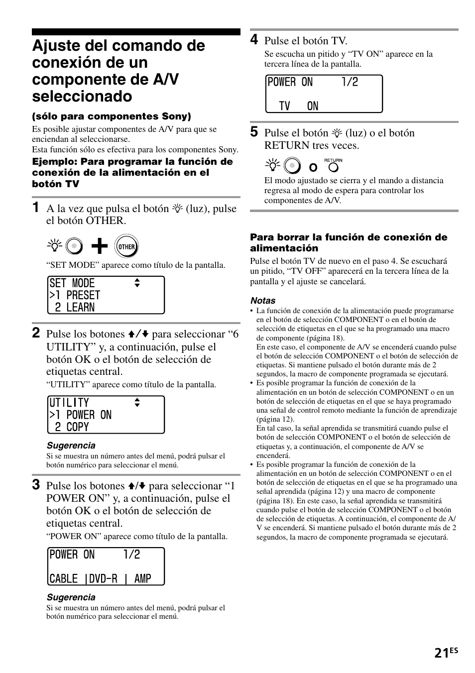 Ajuste del comando de conexión de un, Componente de a/v seleccionado | Sony RM-VL1400T User Manual | Page 65 / 180