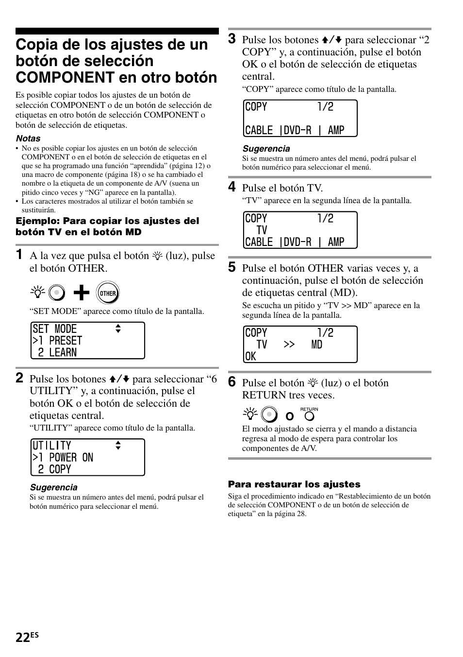 Copia de los ajustes de un botón de selección, Component en otro botón | Sony RM-VL1400T User Manual | Page 66 / 180