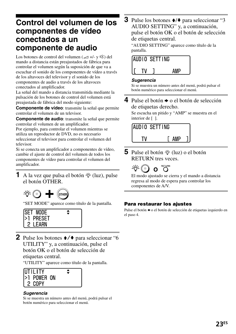 Control del volumen de los componentes de, Vídeo conectados a un componente de audio | Sony RM-VL1400T User Manual | Page 67 / 180