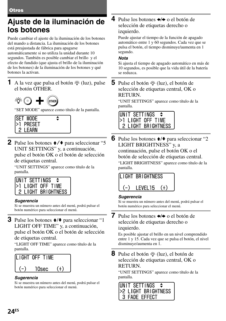Otros, Ajuste de la iluminación de los botones | Sony RM-VL1400T User Manual | Page 68 / 180