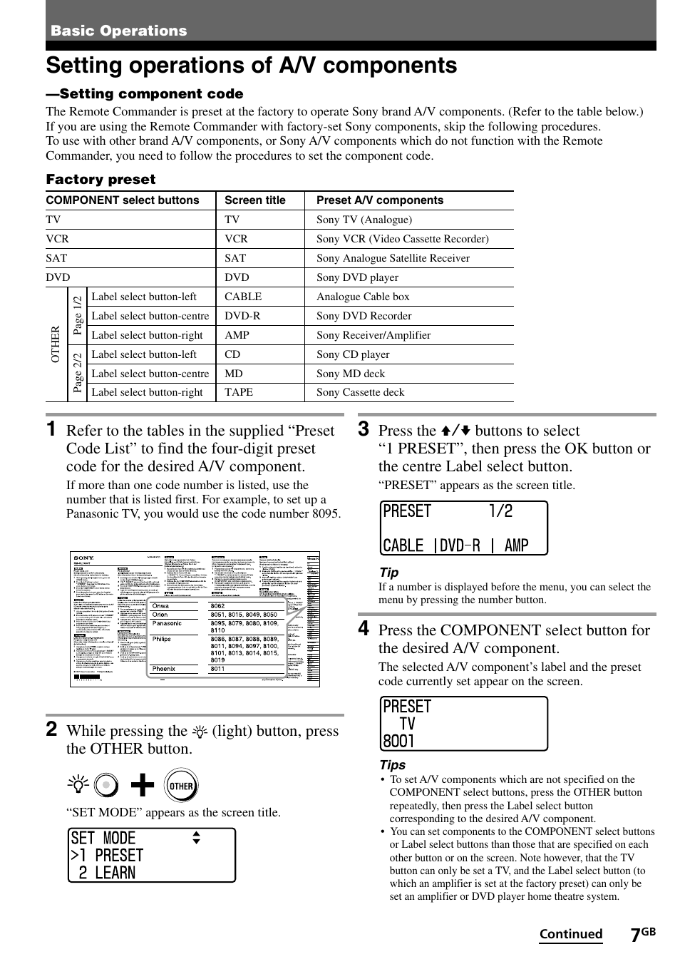 Basic operations, Setting operations of a/v components | Sony RM-VL1400T User Manual | Page 7 / 180