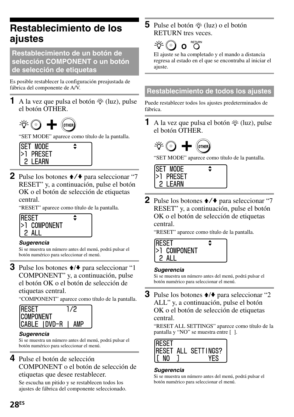 Restablecimiento de los ajustes, Restablecimiento de todos los ajustes, Restablecimiento de un botón de selección | Component o un botón de selección de etiquetas | Sony RM-VL1400T User Manual | Page 72 / 180