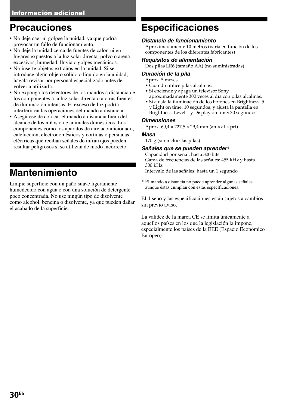 Información adicional, Precauciones, Mantenimiento | Especificaciones | Sony RM-VL1400T User Manual | Page 74 / 180