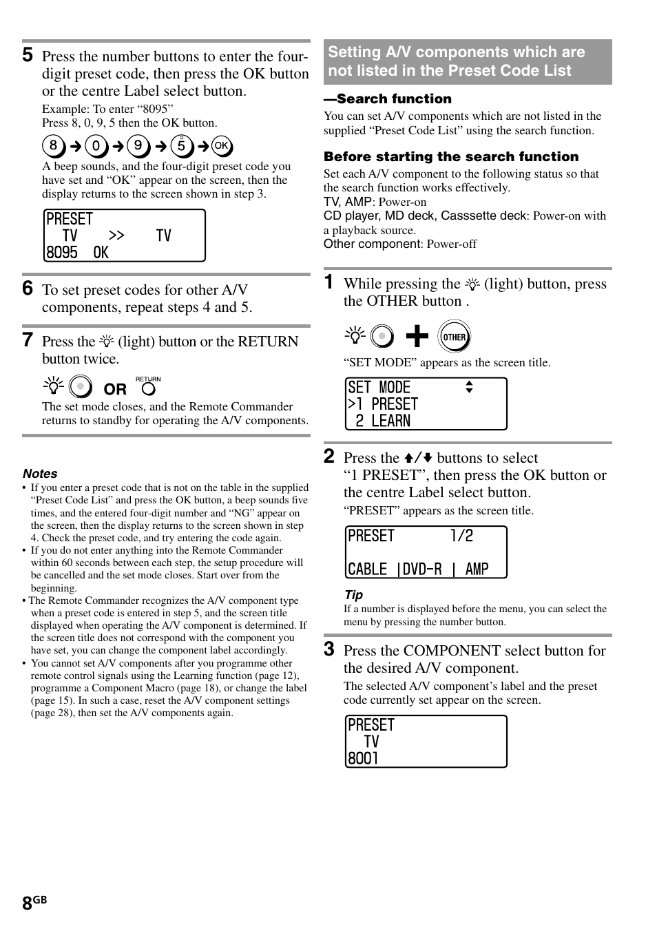 Setting operations of a/v components, Setting a/v components which are not listed in, The preset code list | Sony RM-VL1400T User Manual | Page 8 / 180