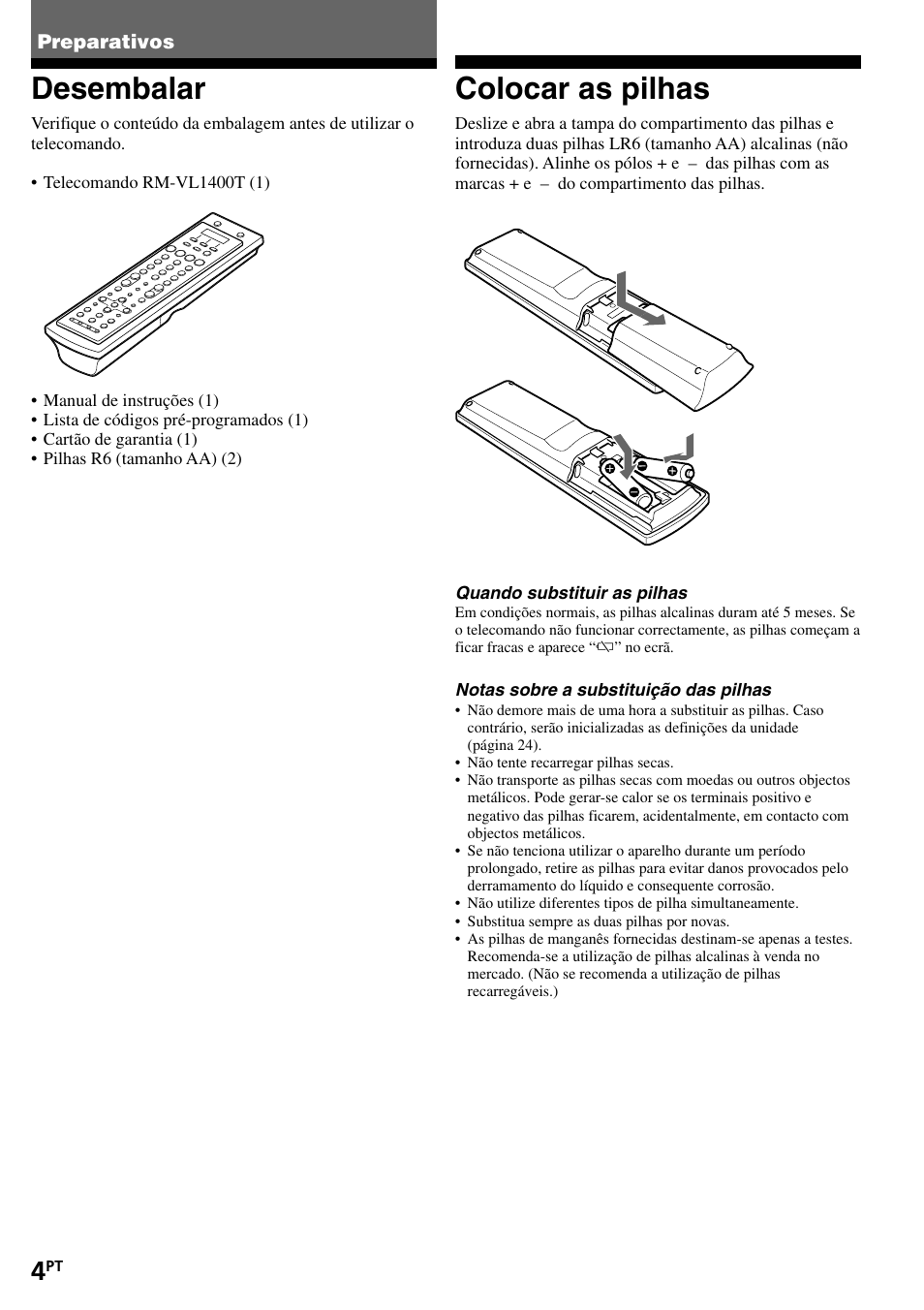 Preparativos, Desembalar, Colocar as pilhas | Sony RM-VL1400T User Manual | Page 92 / 180