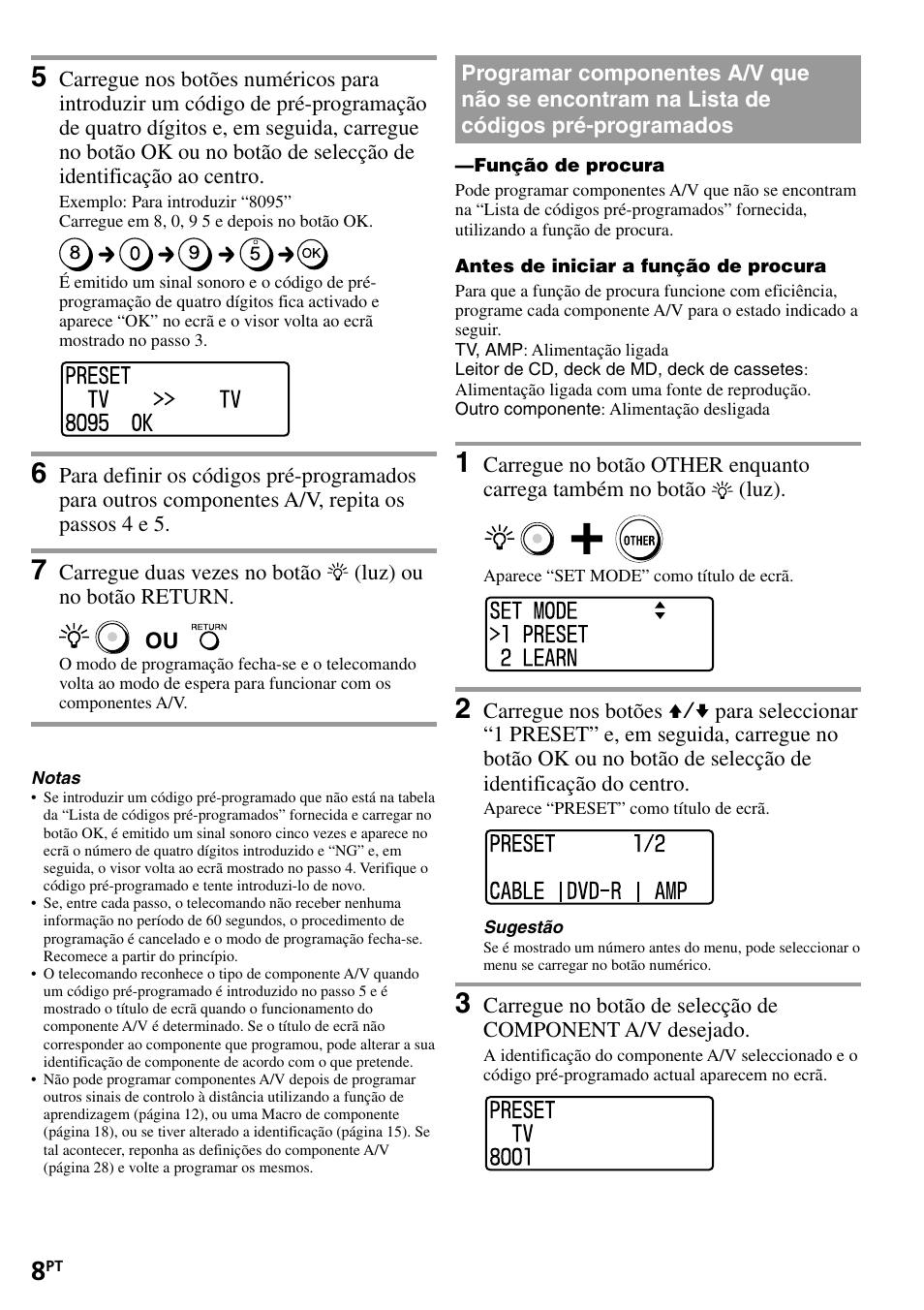 Programar componentes a/v que não se, Encontram na lista de códigos pré- programados | Sony RM-VL1400T User Manual | Page 96 / 180