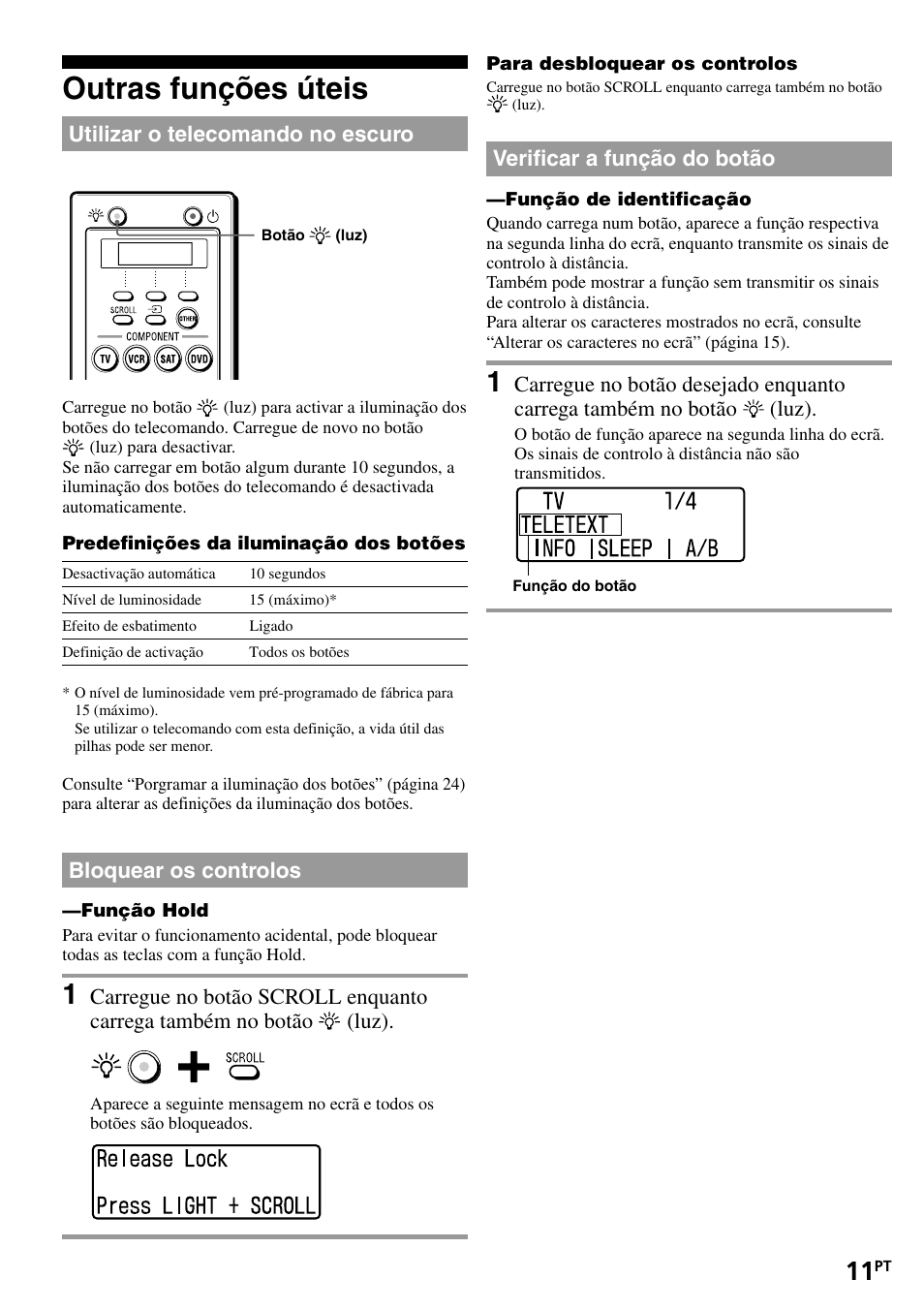Outras funções úteis, Utilizar o telecomando no escuro, Bloquear os controlos | Verificar a função do botão | Sony RM-VL1400T User Manual | Page 99 / 180