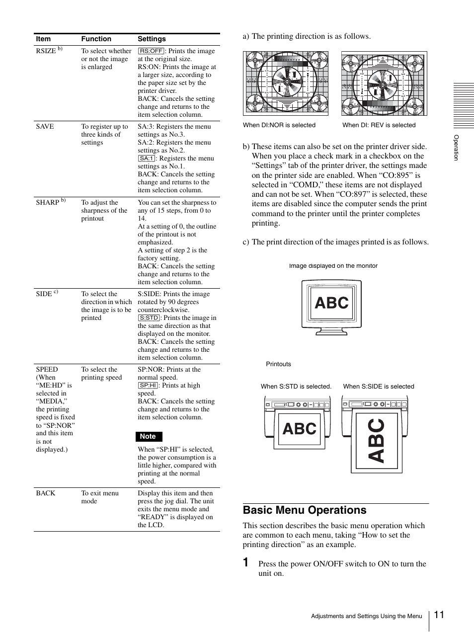 Basic menu operations, G dial (11 | Sony UP-D897 User Manual | Page 11 / 22