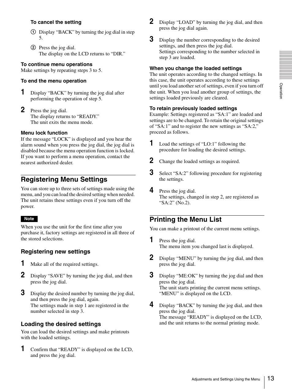 Registering menu settings, Printing the menu list, Registering menu settings printing the menu list | Sony UP-D897 User Manual | Page 13 / 22