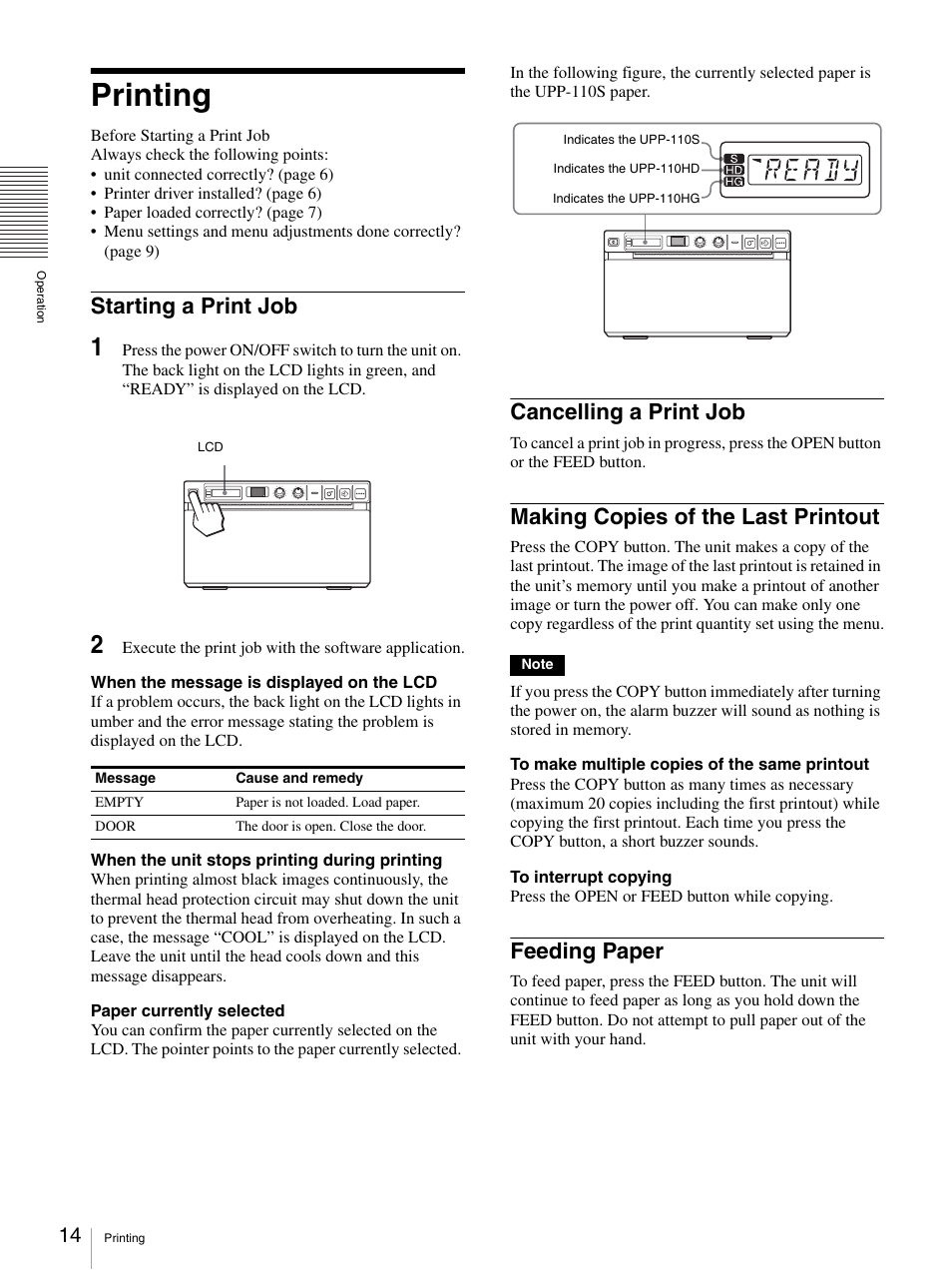 Printing, Starting a print job, Cancelling a print job | Making copies of the last printout, Feeding paper, Tton (14) | Sony UP-D897 User Manual | Page 14 / 22
