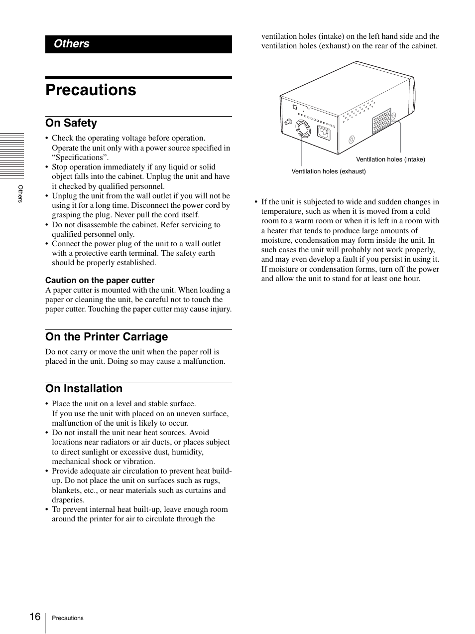 Others, Precautions, On safety | On the printer carriage, On installation, On safety on the printer carriage on installation | Sony UP-D897 User Manual | Page 16 / 22