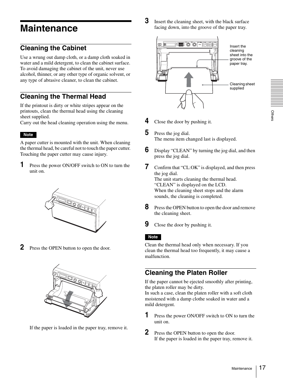 Maintenance, Cleaning the cabinet, Cleaning the thermal head | Cleaning the platen roller | Sony UP-D897 User Manual | Page 17 / 22
