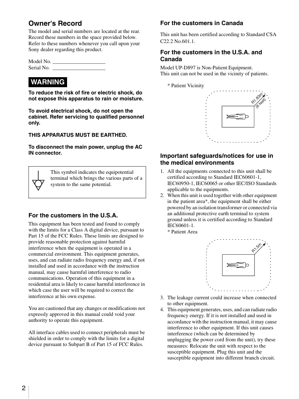 Owner's record, Warning | Sony UP-D897 User Manual | Page 2 / 22