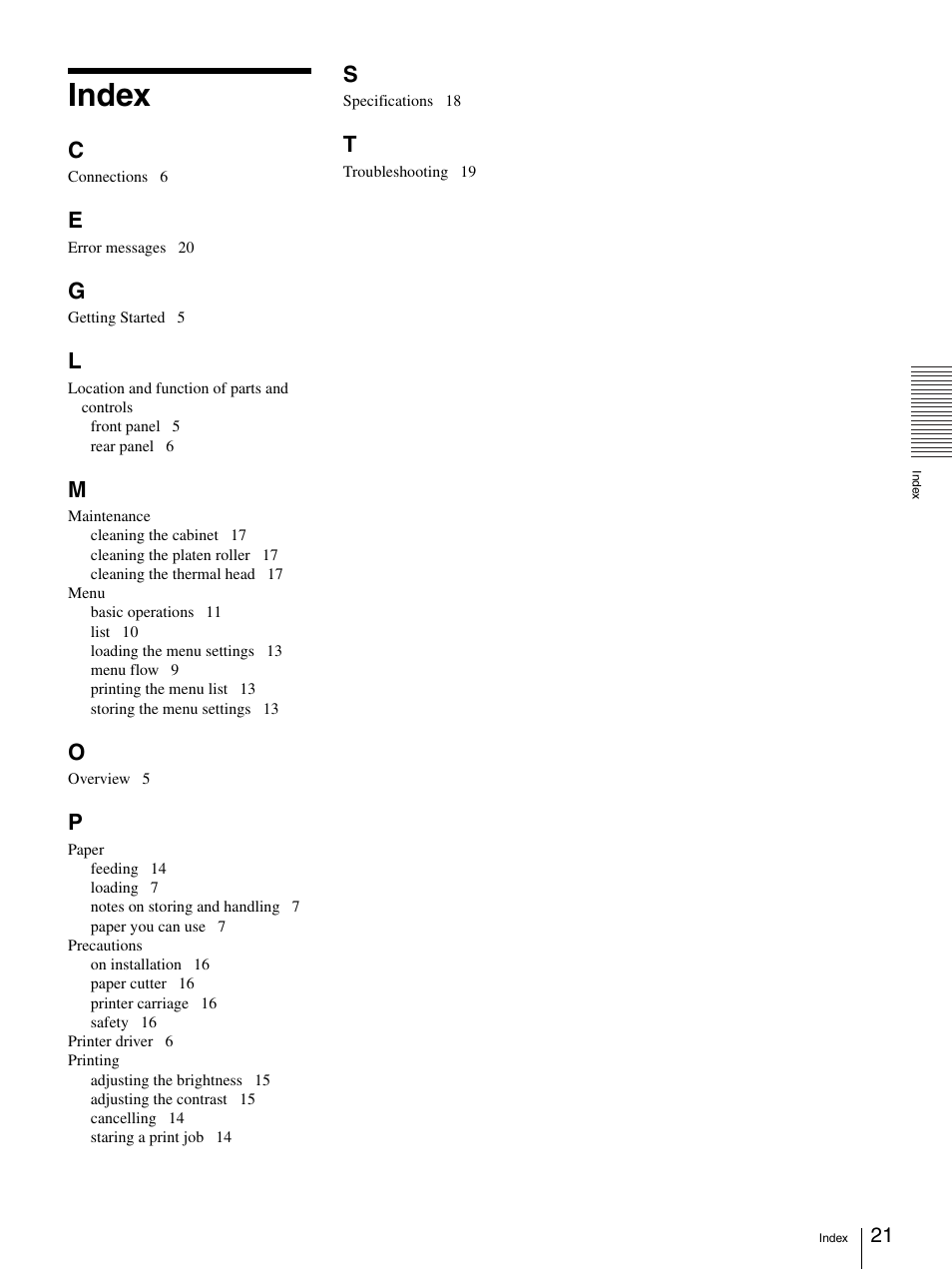 Index | Sony UP-D897 User Manual | Page 21 / 22