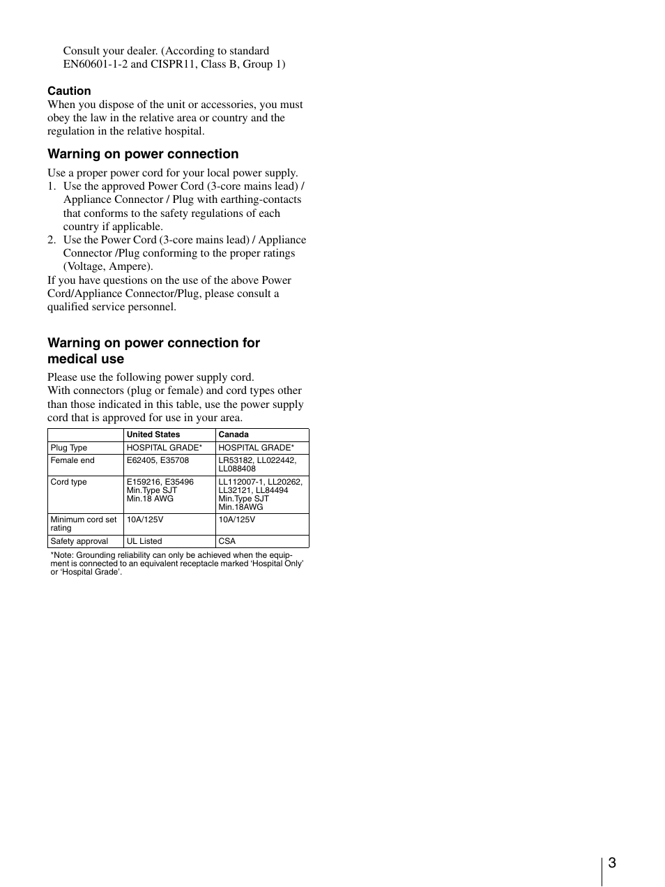 Warning on power connection, Warning on power connection for medical use | Sony UP-D897 User Manual | Page 3 / 22