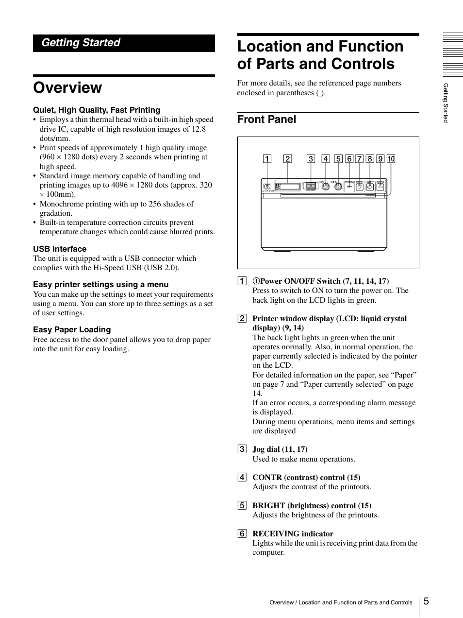 Getting started, Overview, Location and function of parts and controls | Front panel | Sony UP-D897 User Manual | Page 5 / 22