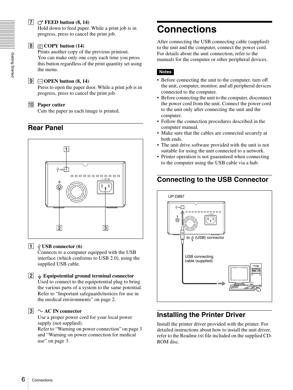 Rear panel, Connections, Connecting to the usb connector | Installing the printer driver | Sony UP-D897 User Manual | Page 6 / 22