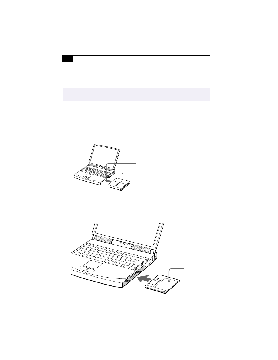 To insert the floppy disk drive, To insert a diskette | Sony PCG-838 User Manual | Page 34 / 121