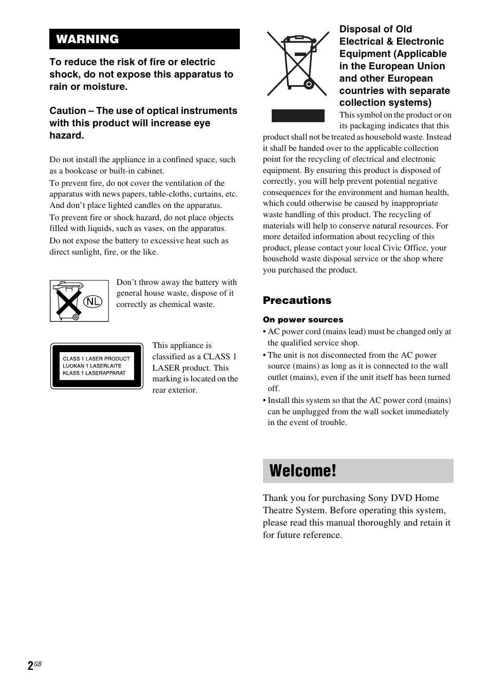 Warning, Welcome | Sony DAV-DZ555M User Manual | Page 2 / 108